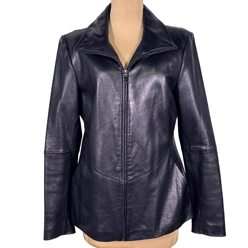 Vintage Y2K Jones New York Womens M Black Genuine Leather Jacket Fitted Zip